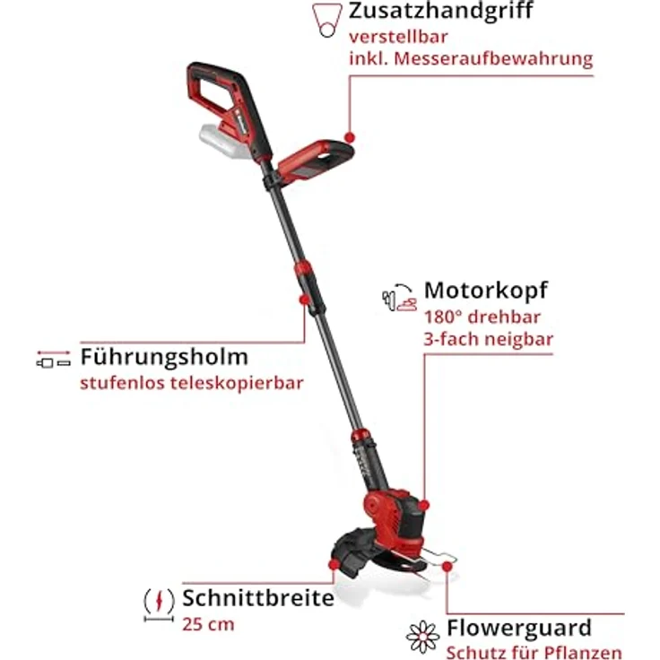 Einhell Akku-Rasentrimmer GE-CT 18/25-1 Li-Solo, 25 cm Arbeitsbreite, Messer- und Fadenbetrieb, ohne Akku und Ladegerät, verstellbare Handhabung – Bild 3