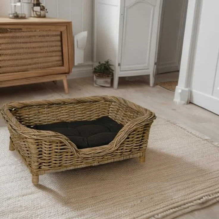 Korb-Outlet Rattan Hundekorb geflochten Hundebett Rattan Grau Korb Hund Hundecouch hoch mit Kissen (Naturmaterial Grau) - Preisvergleich – Bild 2