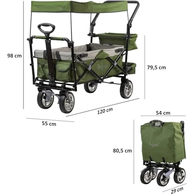 Zelsius Bollerwagen faltbar mit Dach, Grün/Grau, Transportwagen mit Gurtsystem und abnehmbarem Sonnendach, 87,5 Liter Fassungsvermögen – Bild 2