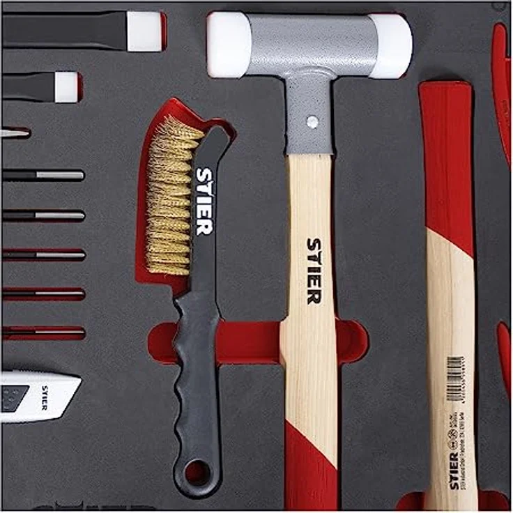 Stier Universal-Werkzeugsatz 18-teilig mit Weichschaumeinlage (EVA), inkl. rückschlagfreiem Schonhammer und 4-teiligem Sicherungsringzangensatz – Bild 3