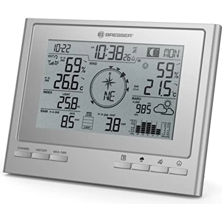 Bresser Wetterstation Funk mit Außensensor 7-in-1 Wetter-Center ClimateScout mit Profi-Außensensor, silber – Bild 2