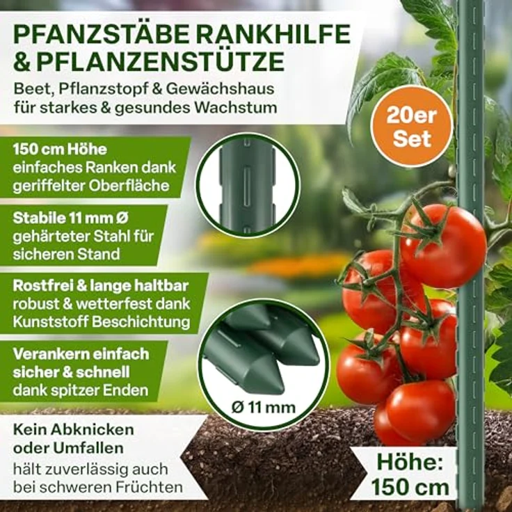 TTL GARDEN Rankstäbe 20er Set 150cm x 11mm Ø grün - Rostfreie Pflanzenstütze mit Klettband und Clips für Tomaten, Gurken & Blumen – Bild 2