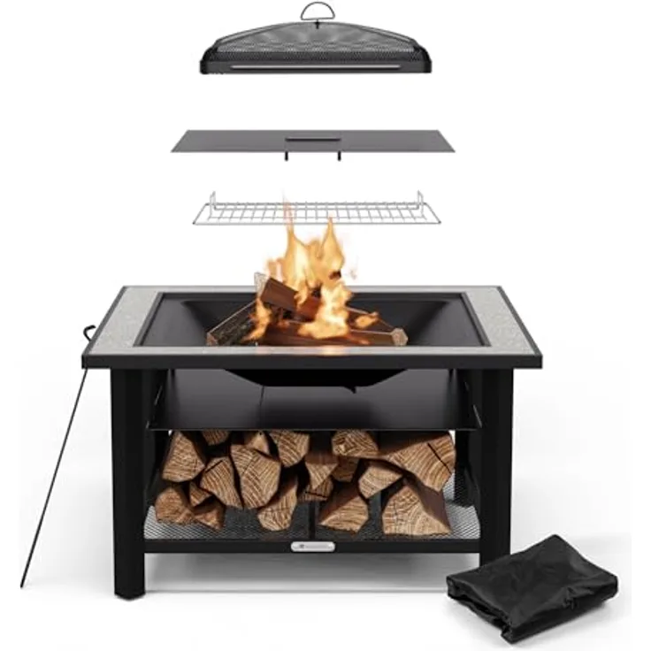Blumfeldt Merano Avanzato, 3-in-1 Feuerschale mit Grillrost & Terrazzo-Tischplatte, robuster Stahlrahmen, inkl. Funkenschutz, Hitzeschild & Schürhaken, für Garten & Terrasse