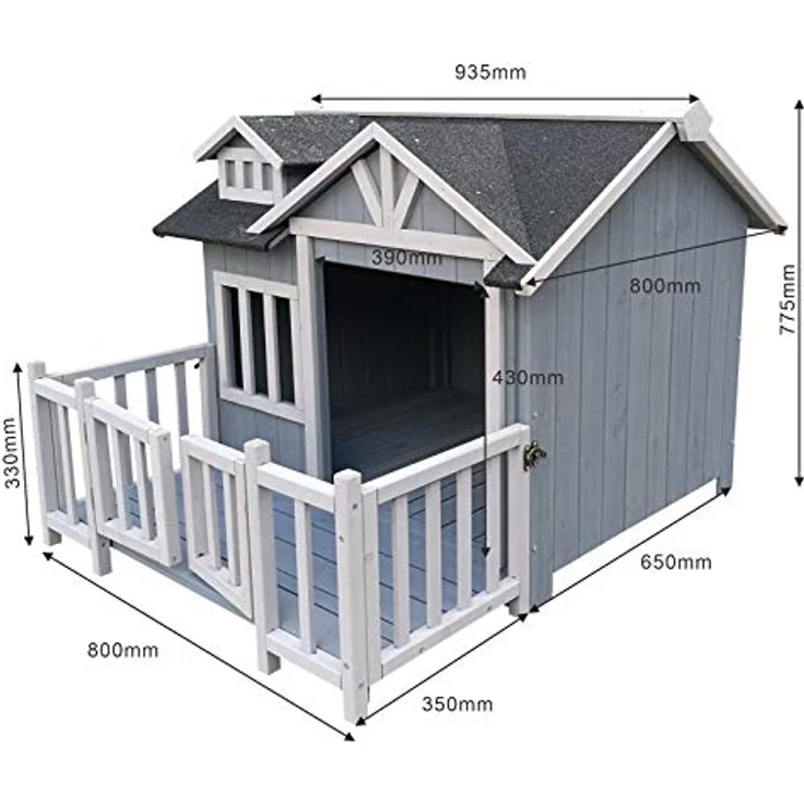 Wiltec Luxus XL Hundehütte 93,5 x 77,5 x 70 cm, grau weiß, Hundehaus aus Holz mit Veranda - Wetterschutz, elegantes Design, hochwertiges Material – Bild 4