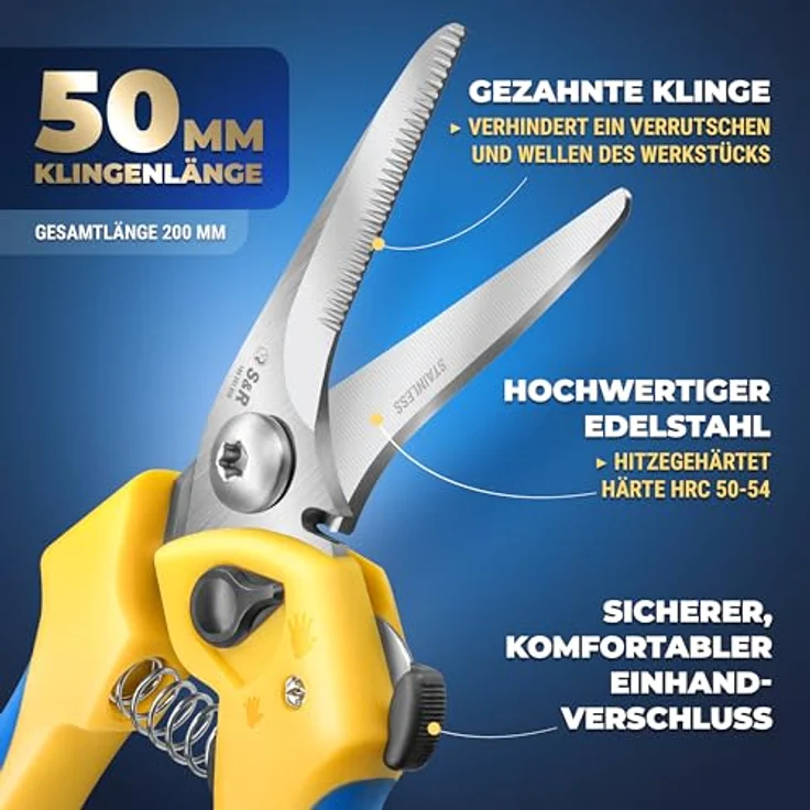 S&R Mehrzweck-Kombischere 200 mm, 50 mm Edelstahl Klinge, Schere HRC 50-54, anpassbare Öffnungsweite, ergonomische Griffe, Universalschere Kombischere – Bild 2