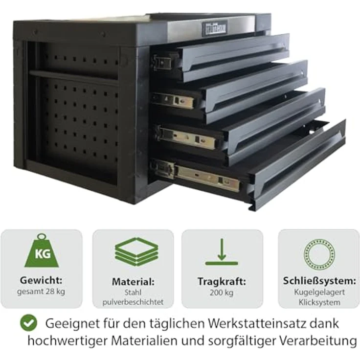 TRUTZHOLM Werkstattwagen Werkzeugkiste 4 Schubladen ca. 68 x 46 cm leer schwarz Aufsatz Werkzeug, Vollauszug – Bild 3