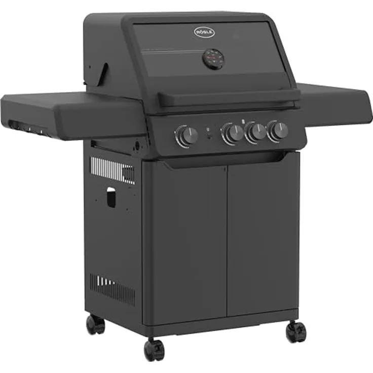 RÖSLE Gasgrill Allflame Peer 3 - 3 Brenner, CRISPZONE bis 450 °C, Gusseisenroste, Alu-Druckguss, Glaseinsatz, klappbare Seitentische, schwarz