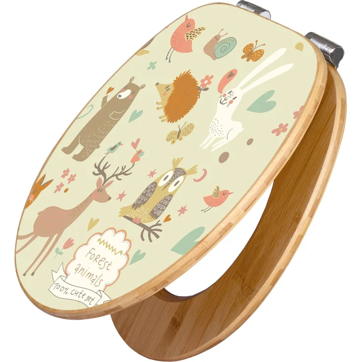 Banjado Design WC Sitz Bambus Holz Toilettendeckel mit Absenkautomatik, Soft Close, Motiv Waldtiere, 45,8x37,5cm