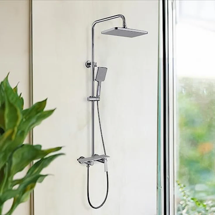 HOME DELUXE - Duscharmatur mit Ablage - ICONIC - Farbe: Weiße Marmoroptik - Höhe: 120 cm, inkl. Handbrause I Duschbrause Regendusche Designarmatur – Bild 1