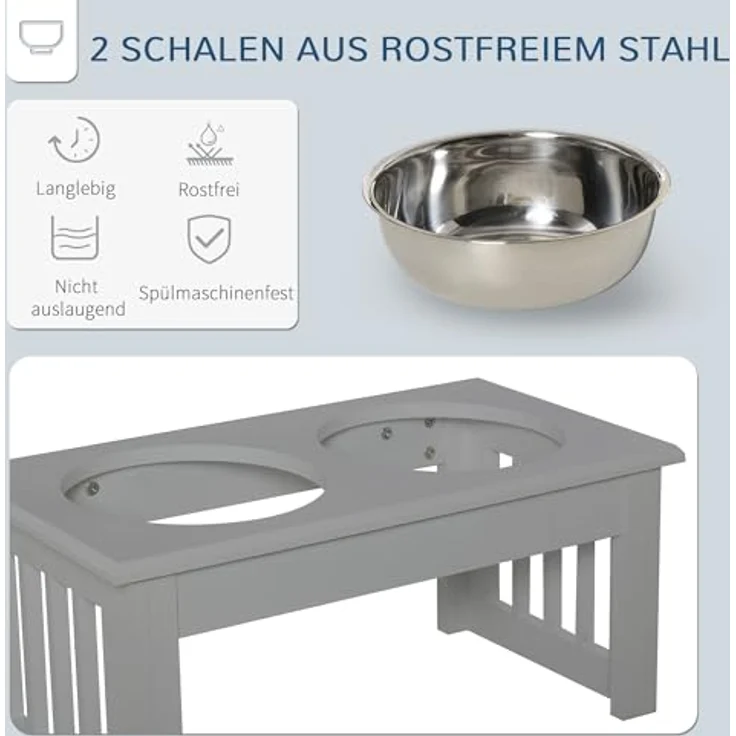 PawHut Futternapf Hundenapf mit 2 Näpfe, Pflegeleicht, Edelstahl, MDF, für Wohnzimmer, Balkon, Grau – Bild 4