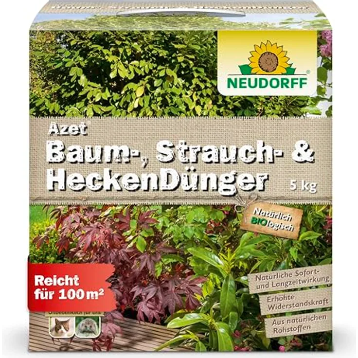 Neudorff Azet Baum-, Strauch- und HeckenDünger, Bio Langzeitdünger mit Mykorrhiza für tiefere Wurzeln und kräftig grüne Blätter, 5 kg