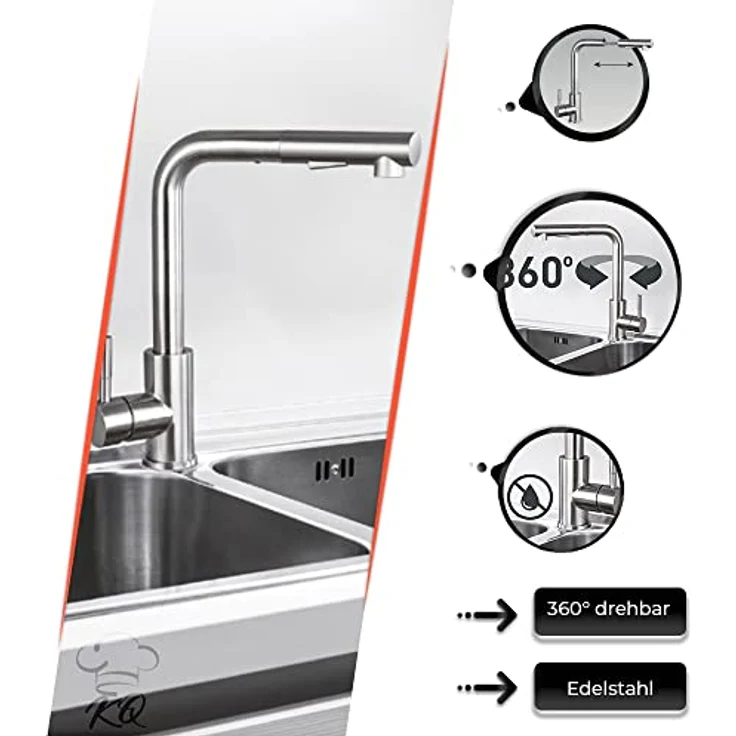 KitchenQuality Küchenarmatur 31 cm, Edelstahl gebürstet, ausziehbar & 360° schwenkbar, Brause mit Umschalter, einfache Montage – Bild 5