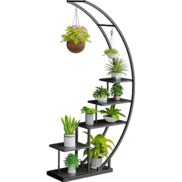 Ribelli 5-stufiger Metall-Pflanzenständer in Halbmondform 172cm, Pflanzenregal mit 5 Ablagen & Haken, Hoch Blumenständer Pflanzentreppe mit Kippschutz für Balkon Wohnzimmer Terrasse (1 Stück, Schwarz) – Bild 1