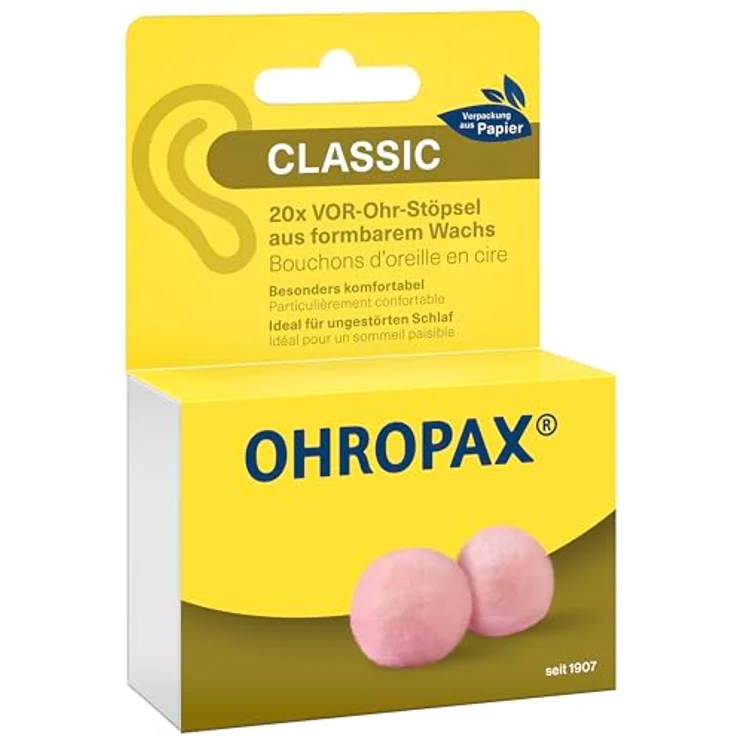 OHROPAX Classic Ohrstöpsel, VOR-Ohr-Gehoerschutz aus formbarem Wachs, Schalldämmwert SNR 21 dB, 20 Stück – Bild 1
