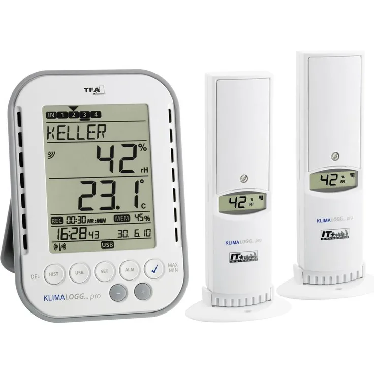 TFA Dostmann KLIMALOGG PRO Starter Set, Luftfeuchtemessgerät (Hygrometer) 1% rF - 99% rF, inklusive Alarmfunktion zur Überwachung des Raumklimas