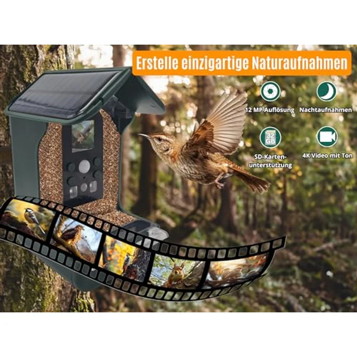 Berger & Schröter | Vogel-Futterhaus mit 1080P Kamera Solar Wassertränke 940nm IR LED Automatische Video/Fotoaufnahme Bewegungserkennung Nachtsicht, FHD 12 Megapixel, mehrsprachiges Menü, 700 mAh Akku – Bild 2