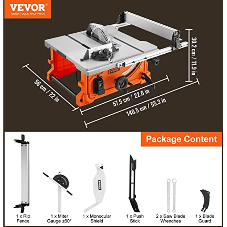 VEVOR Tischkreissäge 1800W, 4400 U/min, 85mm Schnitttiefe bei 90°, 60mm bei 45°, Winkelanschlag -60/60 für Holzarbeiten – Bild 8