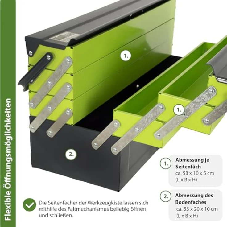 TRUTZHOLM Werkzeugkoffer Werkzeugkiste XXL 7 Fächer 53x20x27,5 cm aus Stahl lackiert klappbarer (einteilig) – Bild 4