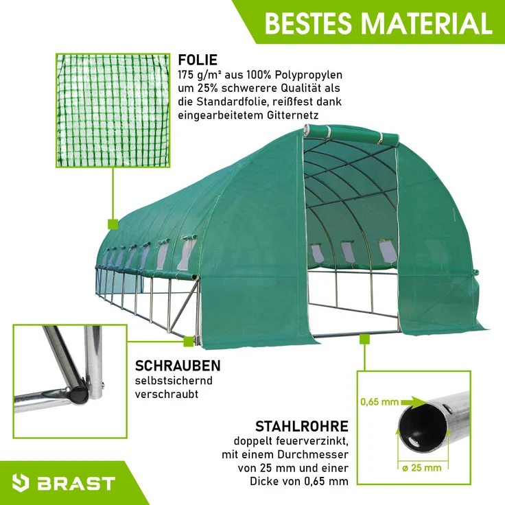 BRAST Gewächshaus Foliengewächshaus 300x800cm inkl. 6 Erdanker mit Stahlfundament aufrollbare Seitenwände schwere Qualität Folie 175g/m² – Bild 7