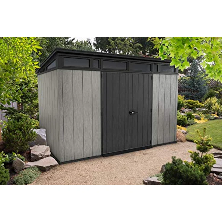 Keter Artisan 11x7 Gerätehaus – Wetterfestes Gartenhaus mit Boden, Pultdach, Doppeltüren & Fenster, Ideal für Outdoor-Aufbewahrung, 342x218x226cm, 13,7 m³, grau – Bild 2