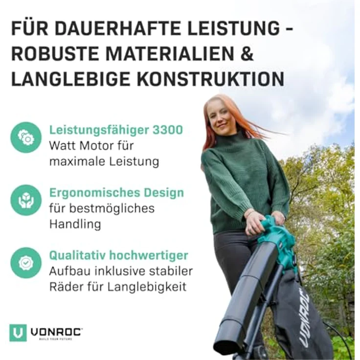 VONROC Laubsauger Elektro 3300W, 3 in 1 Laubsammler mit 270 km/h Blasgeschwindigkeit und 40L Auffangbeutel – Bild 6