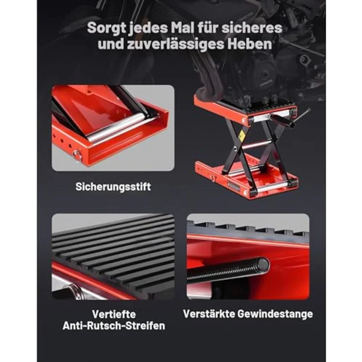 VEVOR Motorradheber, höhenverstellbare Motorradhebebühne 105-380 mm, 544 kg Tragkraft, breite Plattform mit rutschfester Deckfläche und integrierter Vorderradklemme – Bild 4