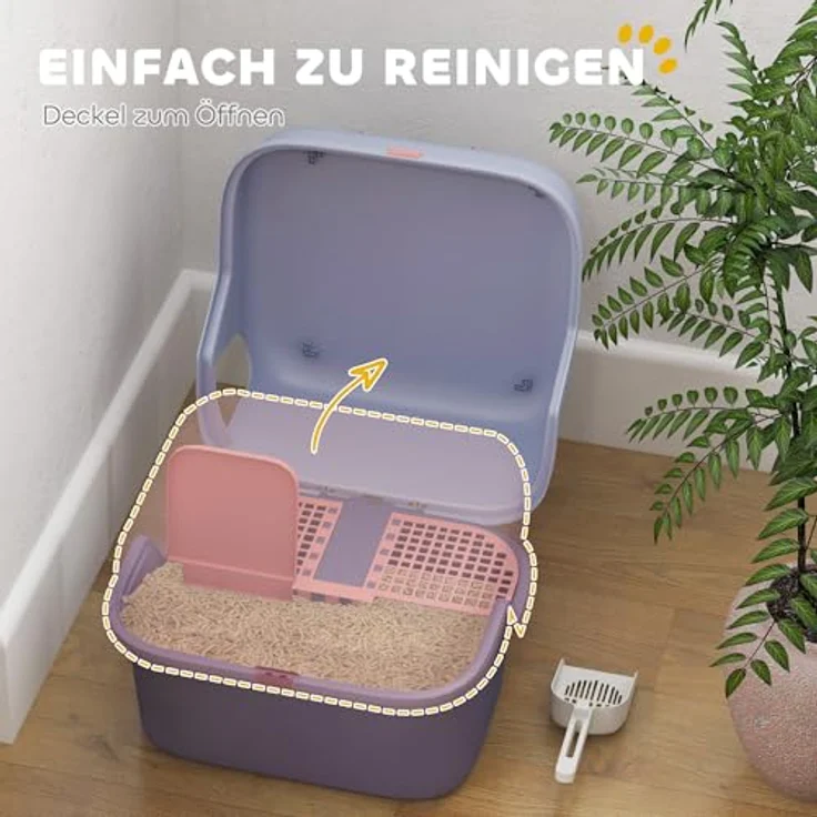 PawHut Katzentoilette mit Deckel, Katzenklo mit Sieb, Schaufel, geschlossen Katze Toilettenhaus für kleine Katze unter 3,5 kg, Indoor, Kunststoff, Violett – Bild 3