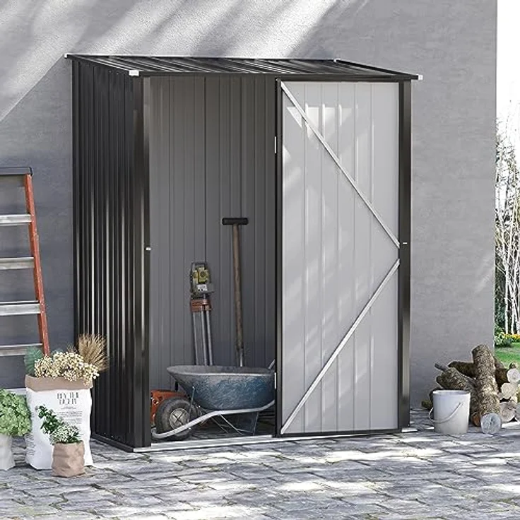 Outsunny Gerätehaus mit Pultdach 1,34 m² Gartenhaus Geräteschuppen Abschließbarer Geräteschrank verzinkter Stahl Schwarz 161,5 x 94,5 x 196 cm – Bild 2
