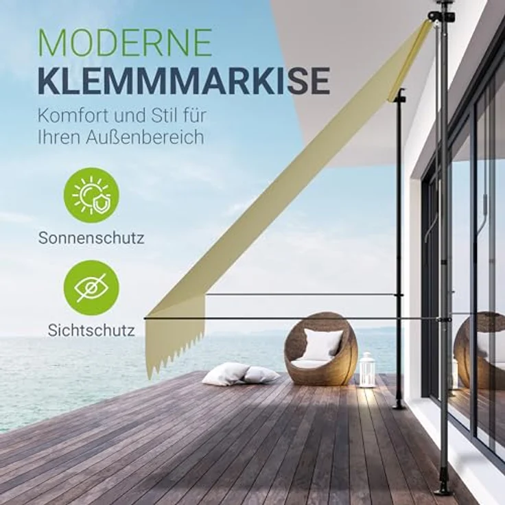 Juskys Klemmmarkise Kapstadt 300x120 cm - Höhenverstellbar & UV-beständig - Wetterfest & Sichtschutz - Terrassenüberdachung Beige – Bild 2