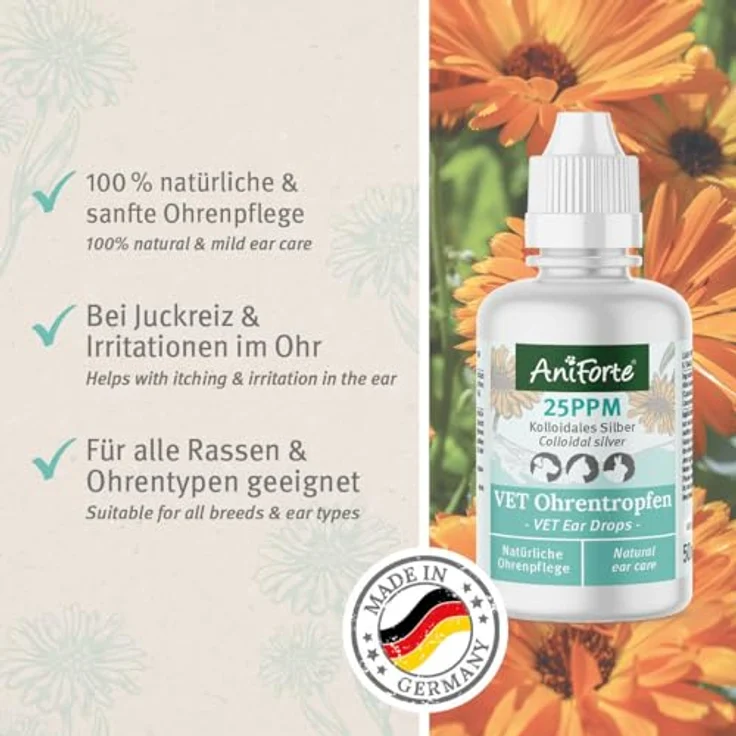 AniForte Ohrentropfen mit kolloidalem Silber 25ppm & Ringelblume 50ml | Für Hunde, Katzen & Kleintiere I Bei Ohrentzündungen, Juckreiz I Ohrenpflege, Ohrenhygiene, Gesunde Ohren – Bild 2