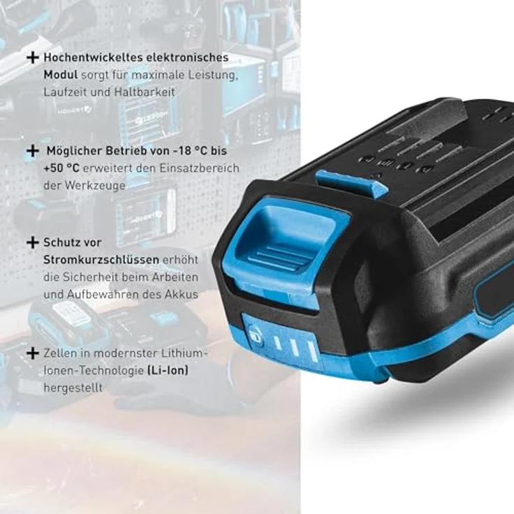 Högert Li-Ion 4Ah 18V Akku Ht2E240-A40, leistungsstarker Werkzeugakku mit Ladegerät und hoher Energiedichte – Bild 3