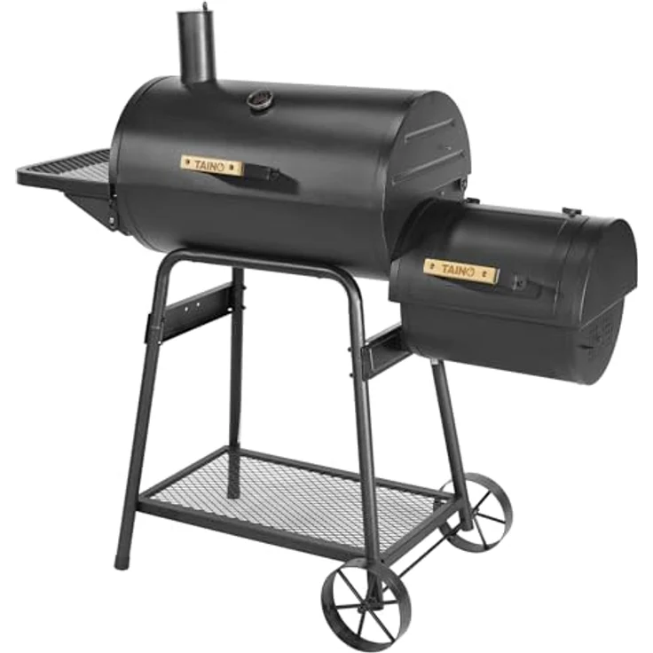 TAINO KAMAYO Smoker Räucherofen, kompakter Holzkohle-Grillwagen 132x56x118 cm mit 3-teiligem Gusseisen-Grillrost und klappbarem Seitentisch – Bild 2