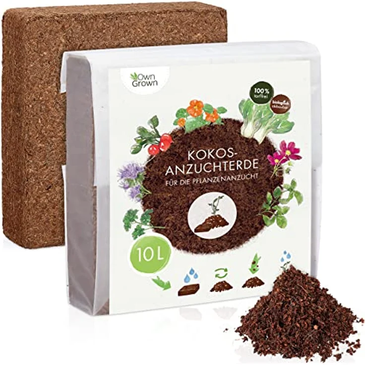 OwnGrown Kokos Anzuchterde 10L, torffreie Premium Blumenerde mit Nährstoffen für Zimmer- und Balkonpflanzen – Bild 1