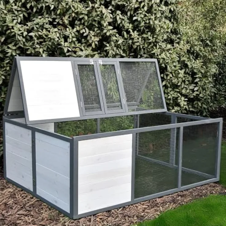Mucola Freilaufgehege klappbar Kleintierstall Outdoor Ausbruchsperre Hasenstall 160x119x60cm Freigehege aus Holz mit Gitter Kaninchenauslauf Freilauf, Weiß/Grau