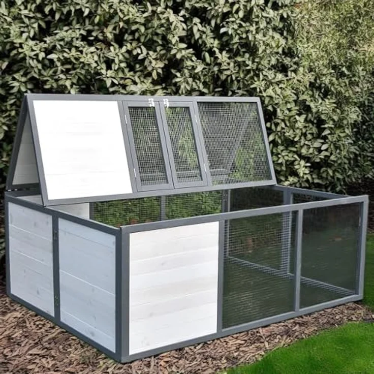 Mucola Freilaufgehege klappbar Kleintierstall Outdoor Ausbruchsperre Hasenstall 160x119x60cm Freigehege aus Holz mit Gitter Kaninchenauslauf Freilauf, Weiß/Grau – Bild 1