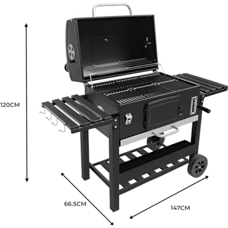 Monster Shop XXL-BBQ-Räucherofen Holzkohlegrill, tragbar, große Grillfläche, höhenverstellbare Holzkohlewanne, inkl. 2 Beutel Räucherholz – Bild 4