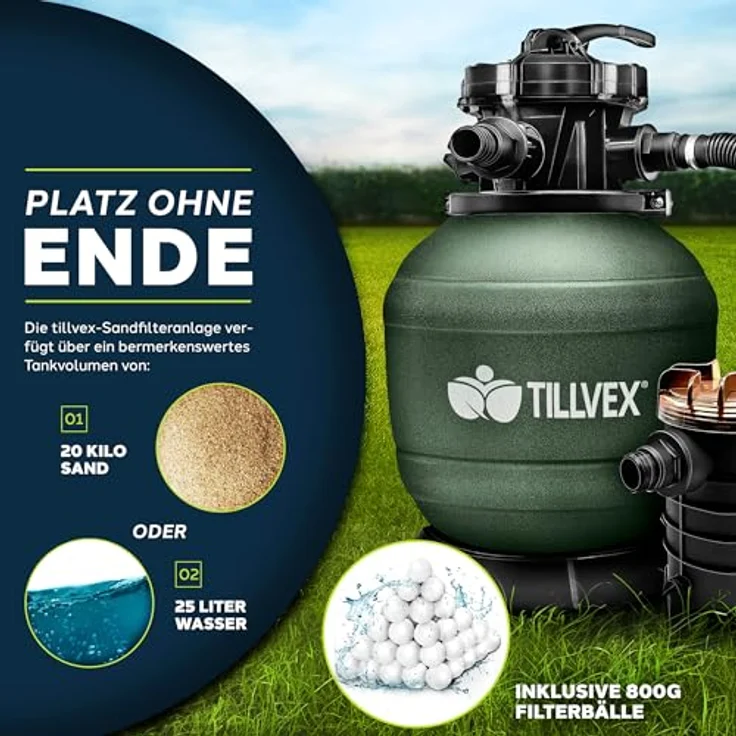 tillvex Sandfilteranlage 10 m³/h, Filteranlage mit 5-Wege Ventil, Druckanzeige und 800g Filterbällen für Pool und Schwimmbecken – Bild 5
