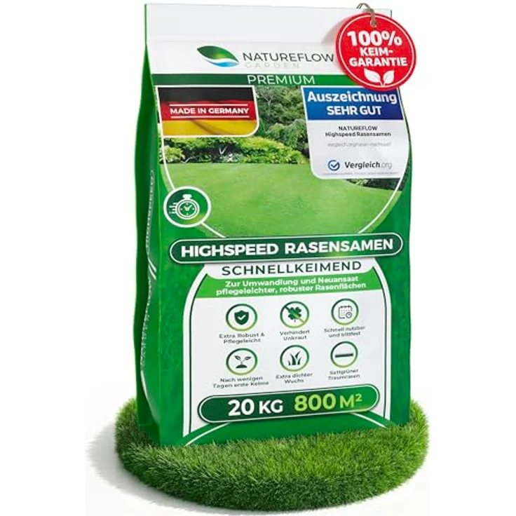 Natureflow Rasensamen Frühjahr 20kg, schnellkeimend, Unkrautfrei, für 800m2 Rasen Nachsaat, Made in Germany – Bild 1
