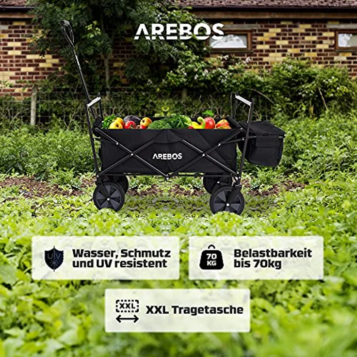 Arebos Bollerwagen faltbar mit Dach | Transportwagen bis 70 kg Tragkraft | 360° Vollgummireifen | inkl. 2 Netztaschen und Außentasche | Schwarz – Bild 3