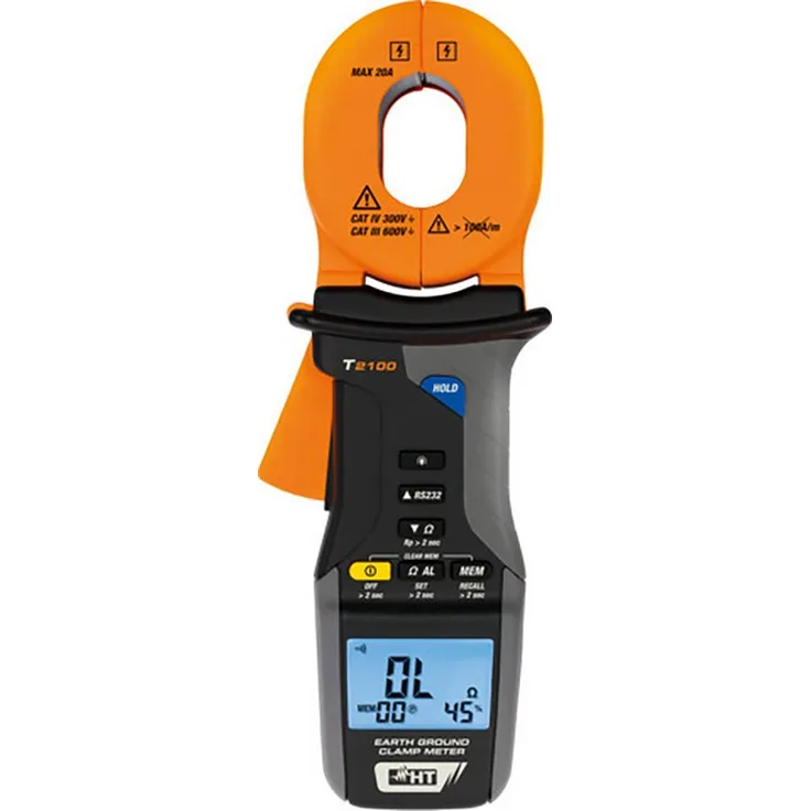 DEHN HT T2100 Erdungsmesszange, Erdungsmessung von 0,010 Ohm bis 1200 Ohm, 99 Messwertspeicher, RS-232 Schnittstelle, LCD-Display mit Hintergrundbeleuchtung