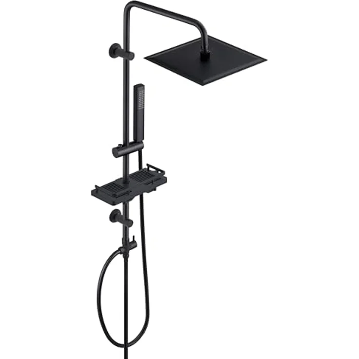 Görbach Regendusche Duschsystem, wassersparend mit 20x20 cm schwarzem Edelstahl Kopfbrause und 360° drehbarer Duschstange – Bild 1