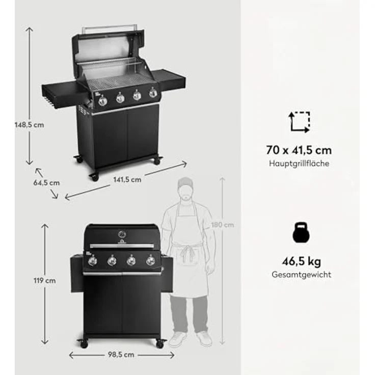 BURNHARD® Big FRED Base, Gasgrill 4-Brenner mit 15 kW, 70x41,5 cm Grillfläche, Piezo-Zündung, Edelstahlrost, ideal für 15 Personen – Bild 3