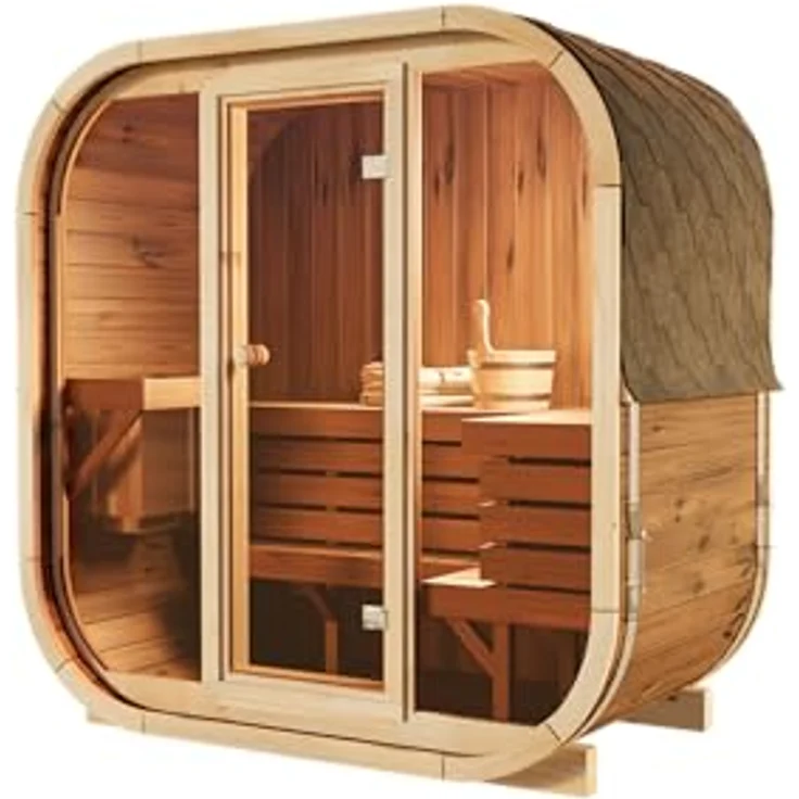 FinnTherm Fasssauna Ellipso M, 42mm, Thermoholz, Außergewöhnliches Design, B 196 x T 119 x H 203 cm – Bild 5