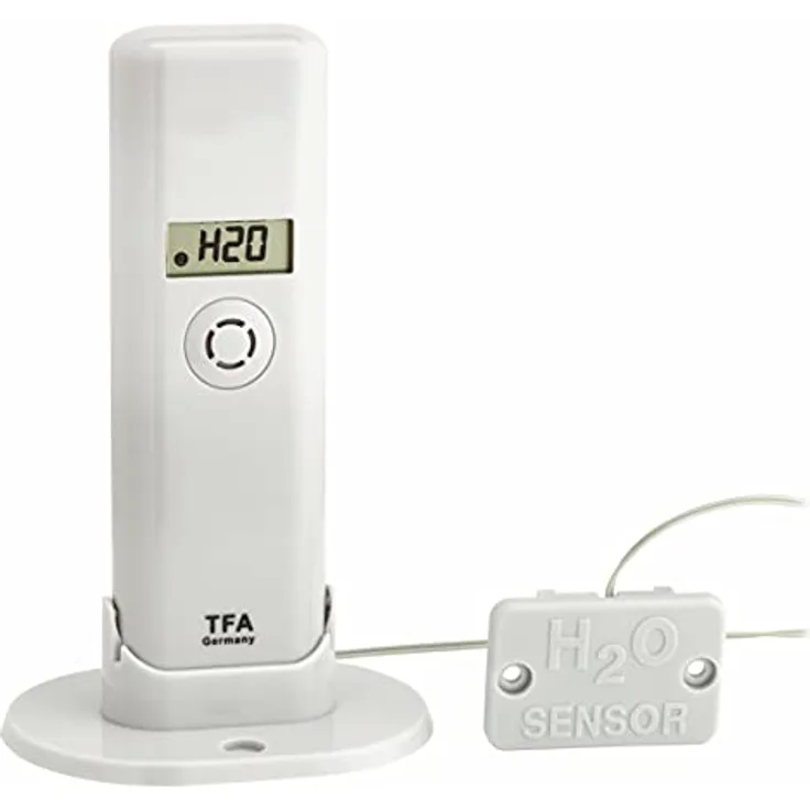 TFA Dostmann Weatherhub Thermo-Hygro-Sender, mit Wassermelder, Smart Home, Abruf der Daten über Smartphone, Wasserschäden Warnung, Temperatur, Luftfeuchtigkeit, L 41 (83) x B 35 (61) x H 129 (135) mm