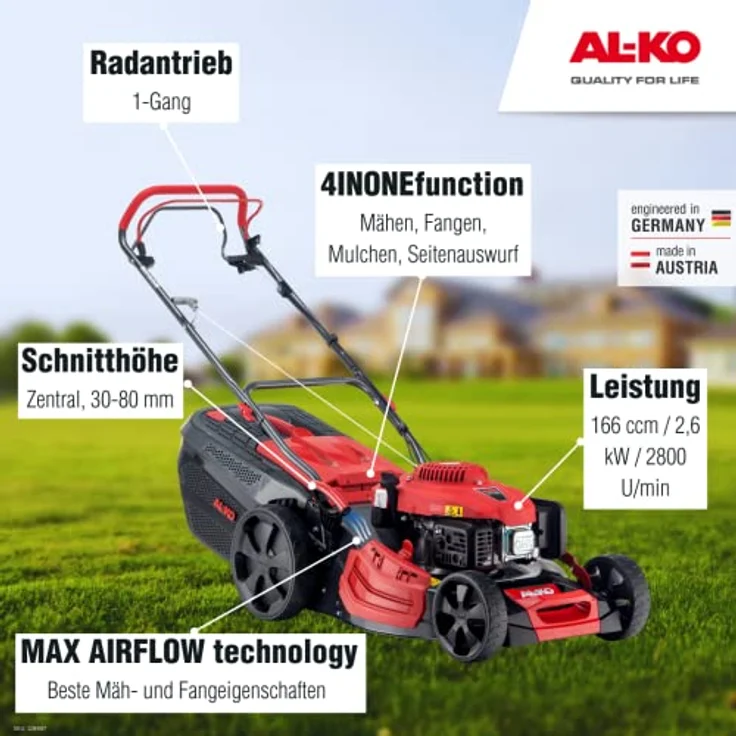 AL-KO Benzinrasenmäher Premium 521 SP-A, 51 cm Schnittbreite, XXL-Leichtlaufräder, 70 l Fangkorb, 7-stufige Schnitthöhenverstellung, rot – Bild 2