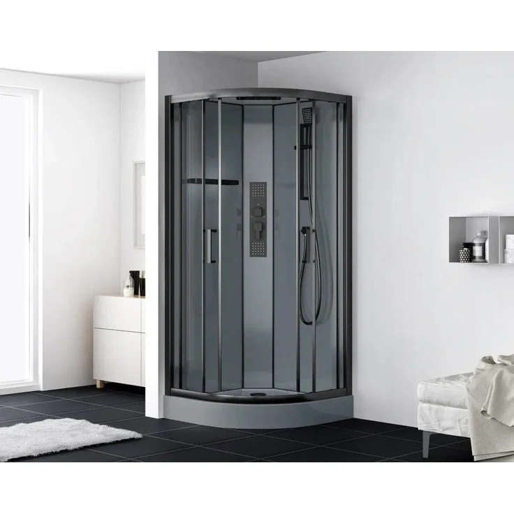 Swiss Aqua Technologies Komplettdusche Viertelkreis 90x90 cm, 6 mm Sicherheitsglas, Schiebetür, schwarze Profile, ideal für kleine Badezimmer