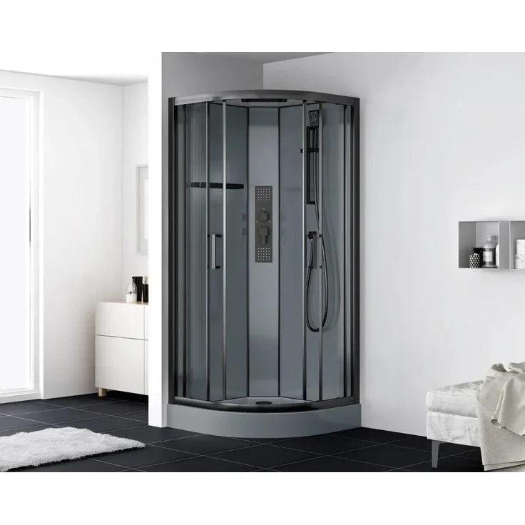 Swiss Aqua Technologies Komplettdusche Viertelkreis 90x90 cm, 6 mm Sicherheitsglas, Schiebetür, schwarze Profile, ideal für kleine Badezimmer