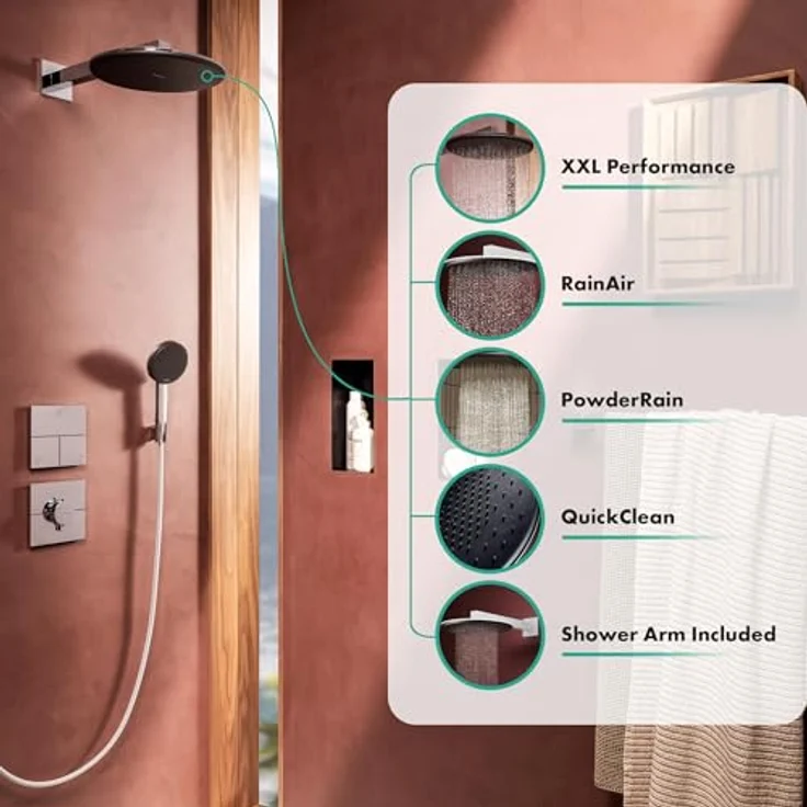 hansgrohe Raindance Alive S, wassersparende Kopfbrause (EcoSmart) mit 300 mm Duschkopf, 2 Strahlarten, Antikalk-Funktion, Wandmontage, Mattweiß, 24541700 – Bild 2