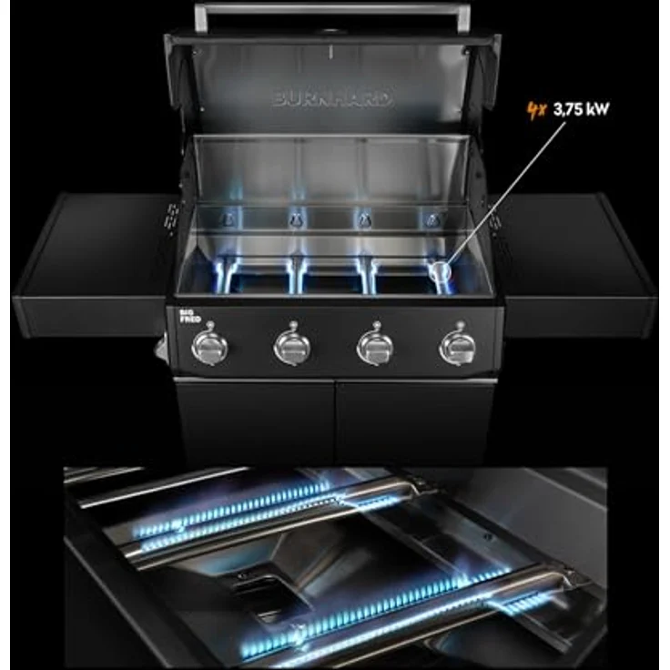 BURNHARD® Big FRED Base, Gasgrill 4-Brenner mit 15 kW, 70x41,5 cm Grillfläche, Piezo-Zündung, Edelstahlrost, ideal für 15 Personen – Bild 2