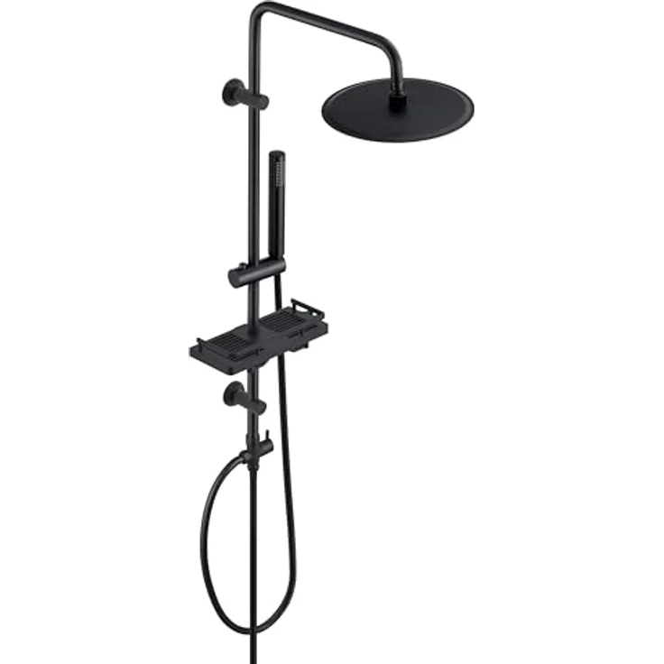 Görbach Edelstahl Duschset Regendusche Duschsystem, schwarze Kopfbrause 20 cm, verstellbare Duschstange, XXL Duschablage – Bild 1